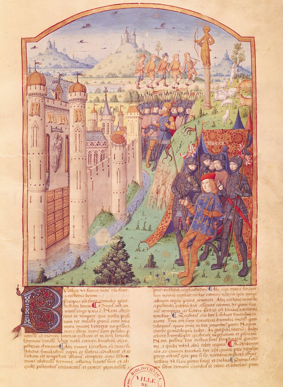 Ms 493 fol.1rヴァージルの作品、セルビアス、ブコリクス、キングの要塞に囲まれた彼の玉座に座っている王、フランス、1469 作： フランス語学校