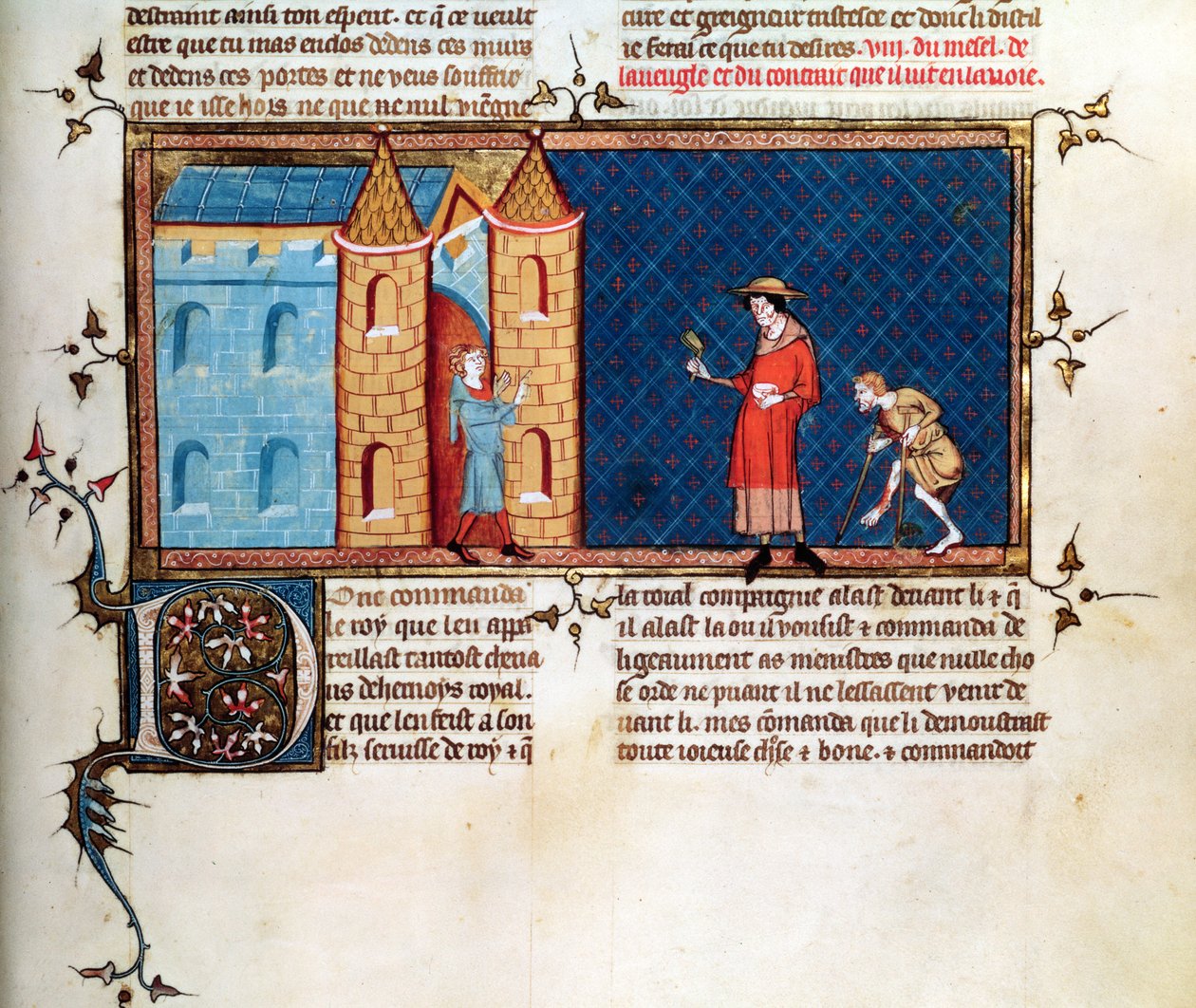 Ms 5080 fol.373r Vincent de BeauvaisによるLe Miroir Historialからの懇願する2人のハンセン病者 作： フランス語学校