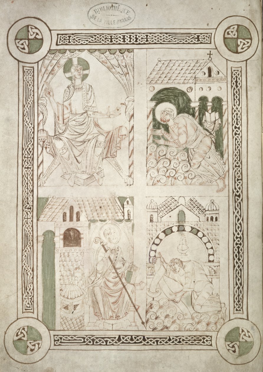 Ms 616 f.1v聖アウグスティヌスのキリストの足と書記Alardusが本をSt. Vaastに捧げる 作： フランス語学校