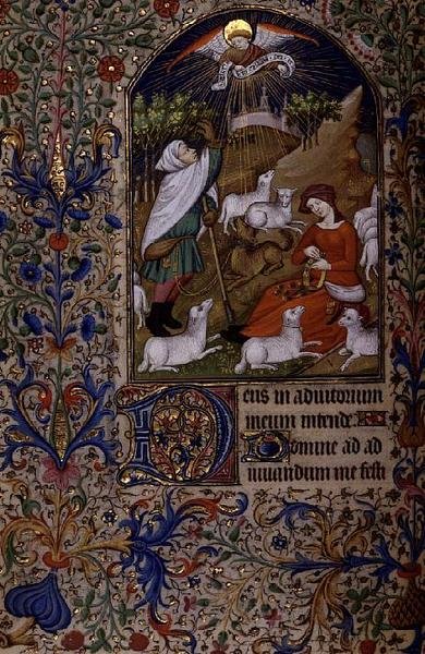 Ms 63 f.60v 天使が羊飼いに現れ、女性が花輪を作って座っている、1460年頃の時祷書より（ヴェラム製） 作： フランス語学校