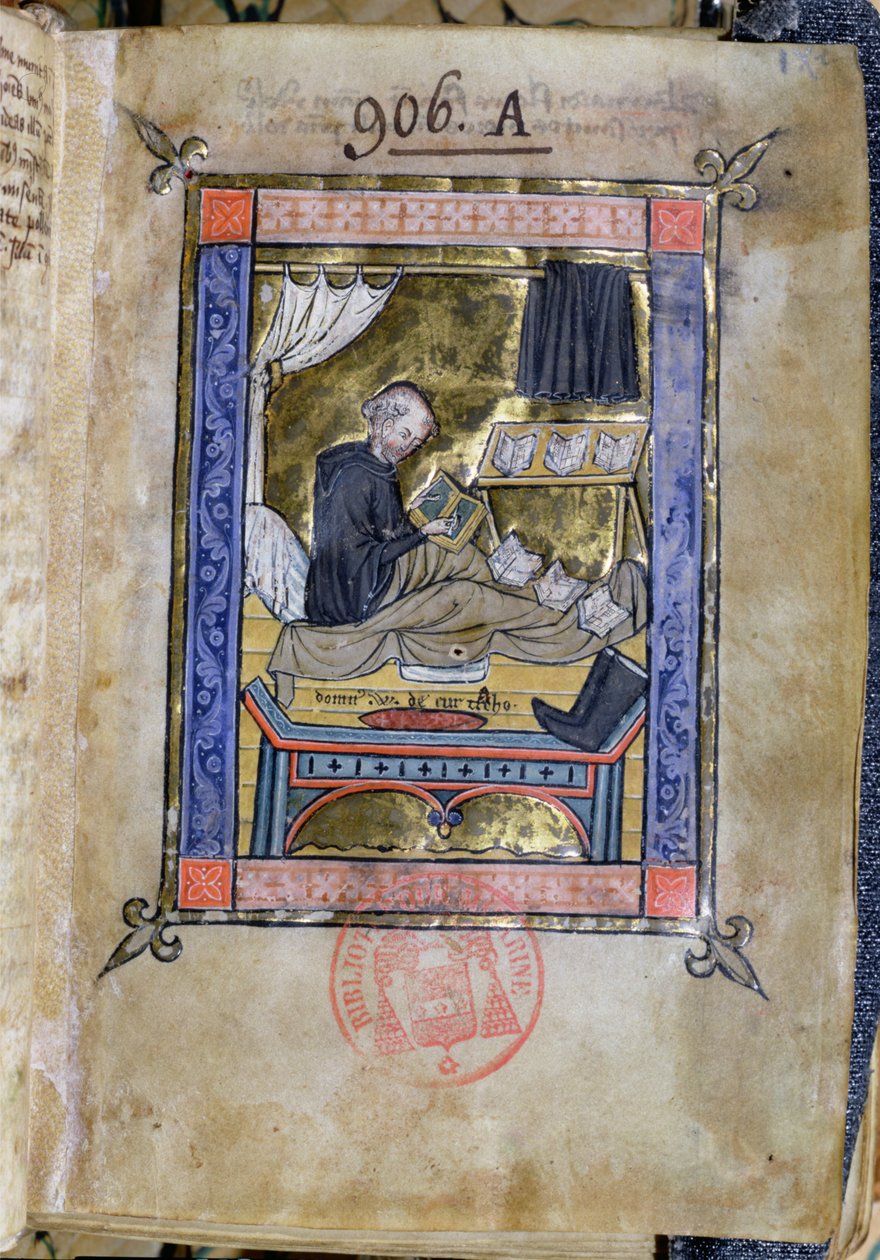 Ms 753 Fol.9モンクがベッドで書いている、Guillaume de TournaiのFlores Bernardiから 作： フランス語学校