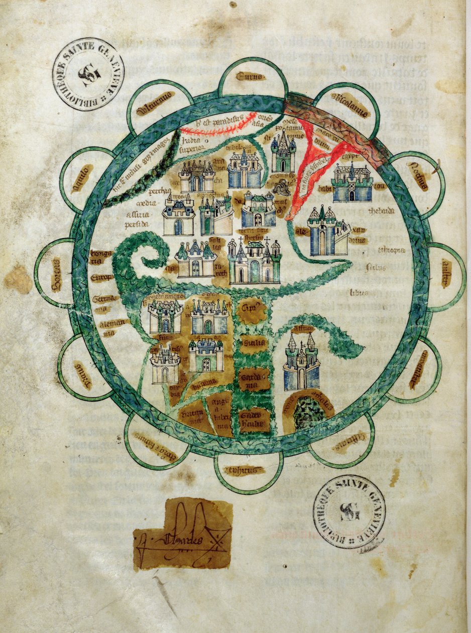 Ms 782 fol.16v。地球の形をした世界地図、Grandes Chroniques de Philippe le Hardiのミニチュア 作： フランス語学校