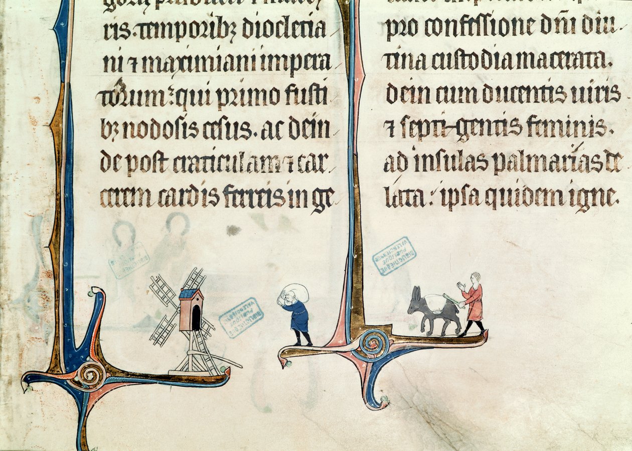 Ms 838 fol.55 1270年後、ノートルダムドプレのオビトゥエールからノートルダムを運ぶ風車に小麦のロバを運ぶロバを運転する男 作： フランス語学校