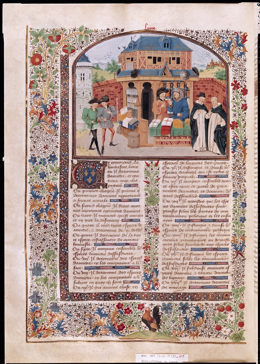 Ms 927 Fol.127vアリストテレスによる倫理、政治、経済の3つの友情（紀元前384〜322年） 作： フランス語学校