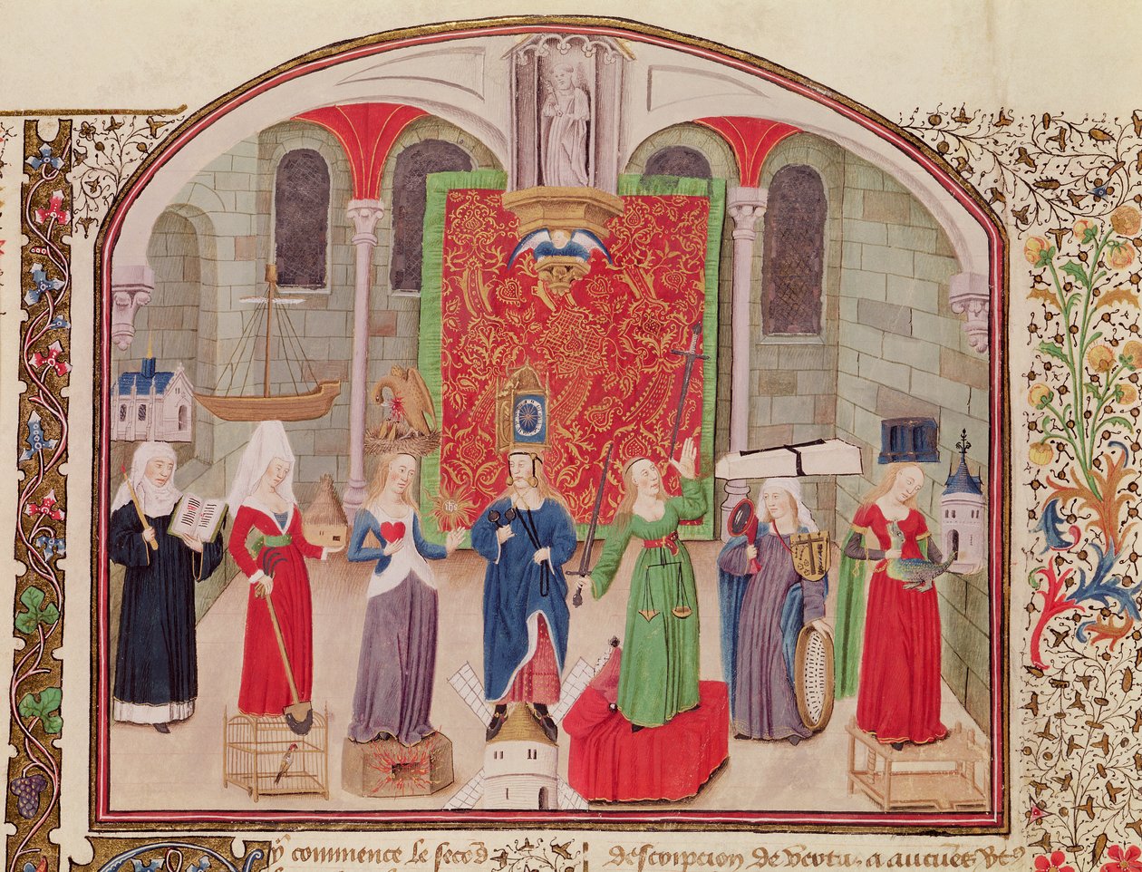 Ms 927 Fol.17vアリストテレスによる倫理、政治、経済学からの神学的および枢機卿の美徳（紀元前384〜322年） 作： フランス語学校