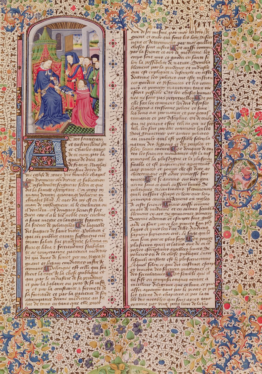 Ms 927 Fol.186アリストテレスによる倫理、政治および経済学からの王への政治のプレゼンテーション（紀元前384〜322年） 作： フランス語学校