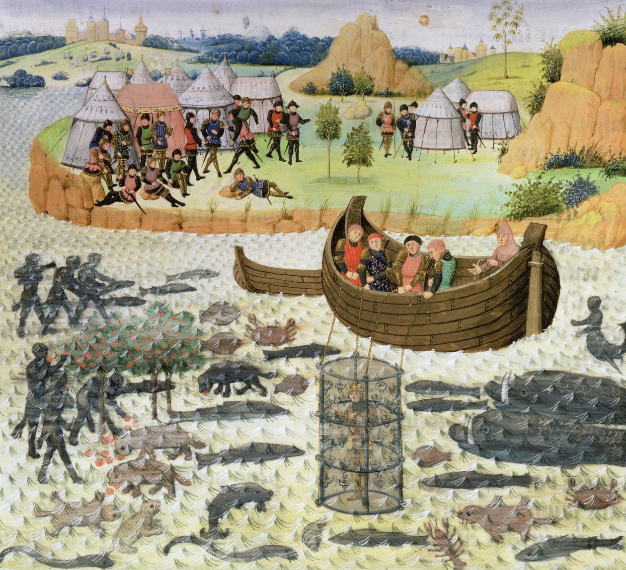 Ms 9342 Fol.182アレキサンダー大王（紀元前356-323年）ダイビングベルを使用 作： フランス語学校