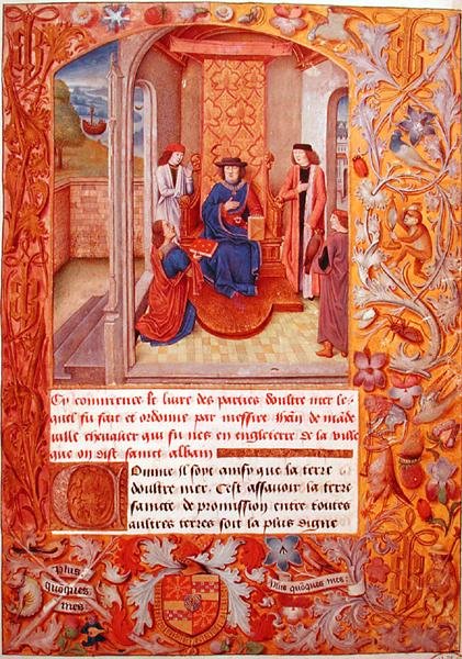 Ms 95 Fol.1 ブルゴーニュ公に本を献上する著者（Adolphe de Clevesの腕章より） 15世紀初頭（ベラム製 作： フランス語学校