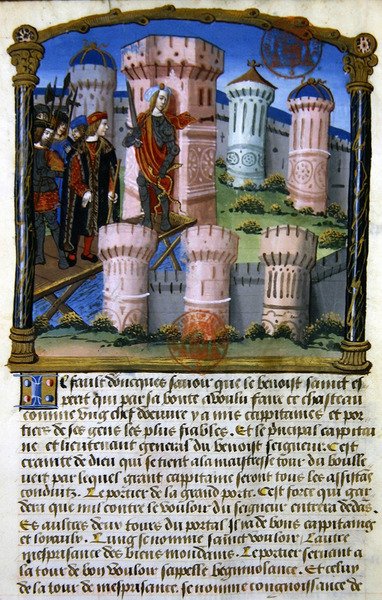 Ms.978 fol.33「城」ガブリエル・ド・ブルボンの一般人向け精神論の挿絵（ベラム製 作： フランス語学校