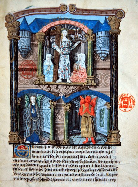 Ms 978 fol.39 「城の門の家」ガブリエル・ド・ブルボンの一般人向け精神論の挿絵（ベラム製 作： フランス語学校