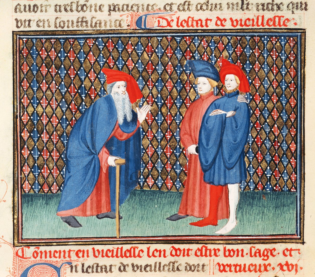 Ms Fr 1023 fol.57v Jacques le Grant（1360-1415）著 『善き道徳の書』からの高齢者はどのようにして、賢く、善良でなければならないか 作： フランス語学校