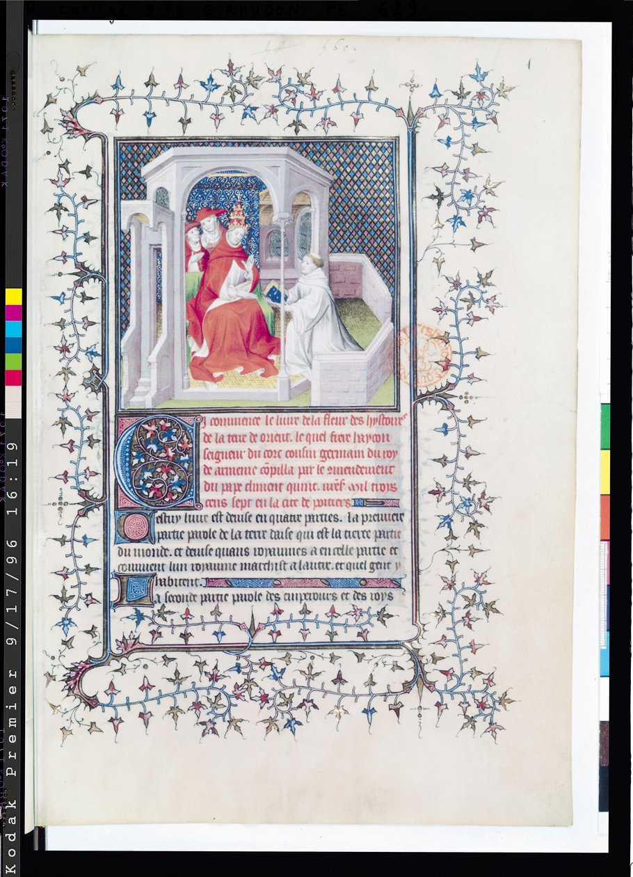 Fr 12201 Fol.1ヘイトン女史は、ヘイトン（d.1271）1402によるフルールデヒストワールデラテールドオリエントから教皇クレメント5世（c.1260-1320）に作品を発表します。 作： フランス語学校
