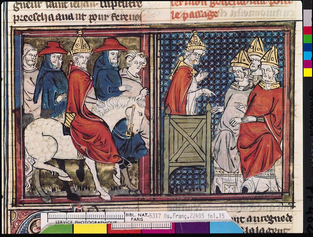 Fr 22495 Fol.15クレルモン公会議と教皇都市IIの到着（1035-99年頃）、1337年にルロマンデゴデフロワドブイヨンから 作： フランス語学校