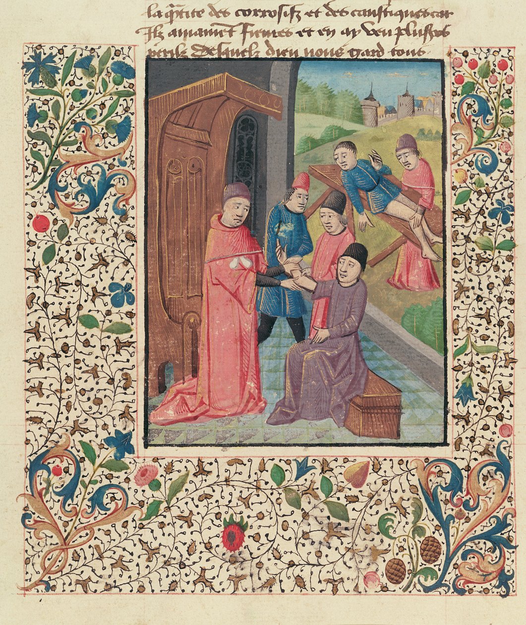 Ms Fr 396 fol.80v Guy de ChauliacによるLa Grande Chirurgieからの骨折治療医師 作： フランス語学校