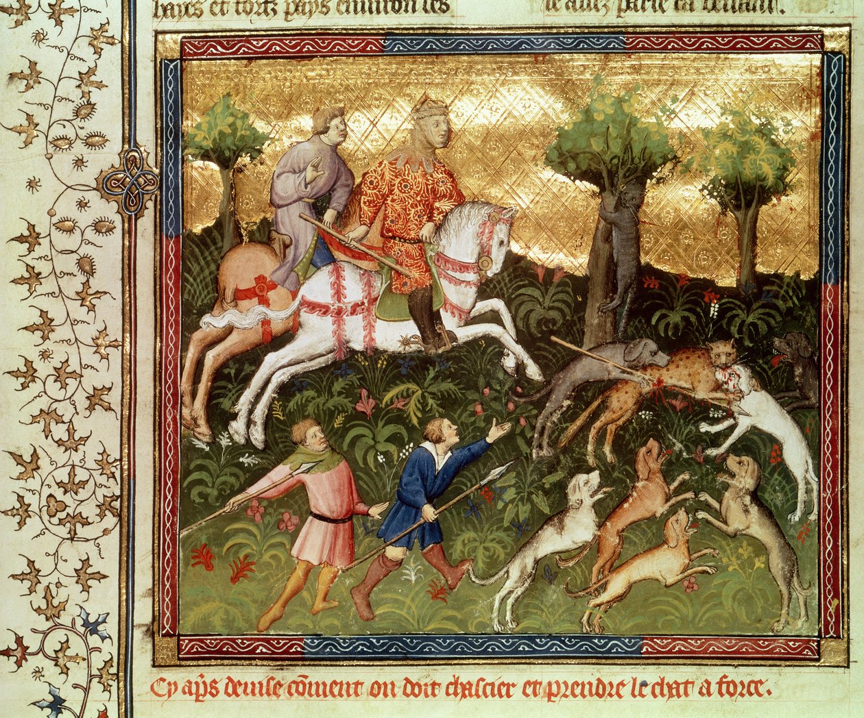 Ms Fr 616 fol.101 Gaston Phebus de Foix（1331-91）の本から、ヒョウを攻撃する犬 作： フランス語学校
