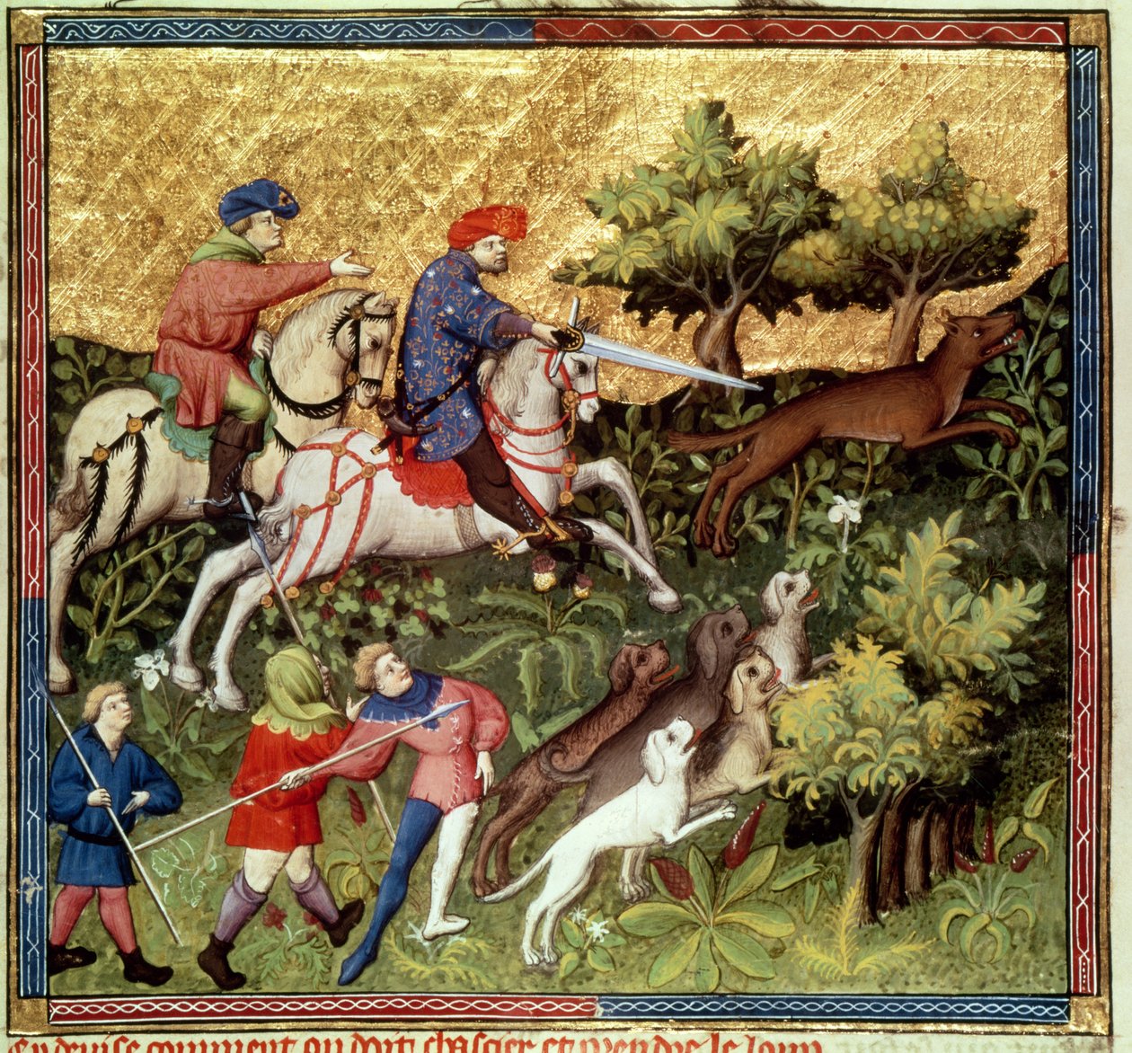 Ms Fr 616 fol.96v Wolf hunt、from a book by Gaston Phebus de Foix（1331-91） 作： フランス語学校