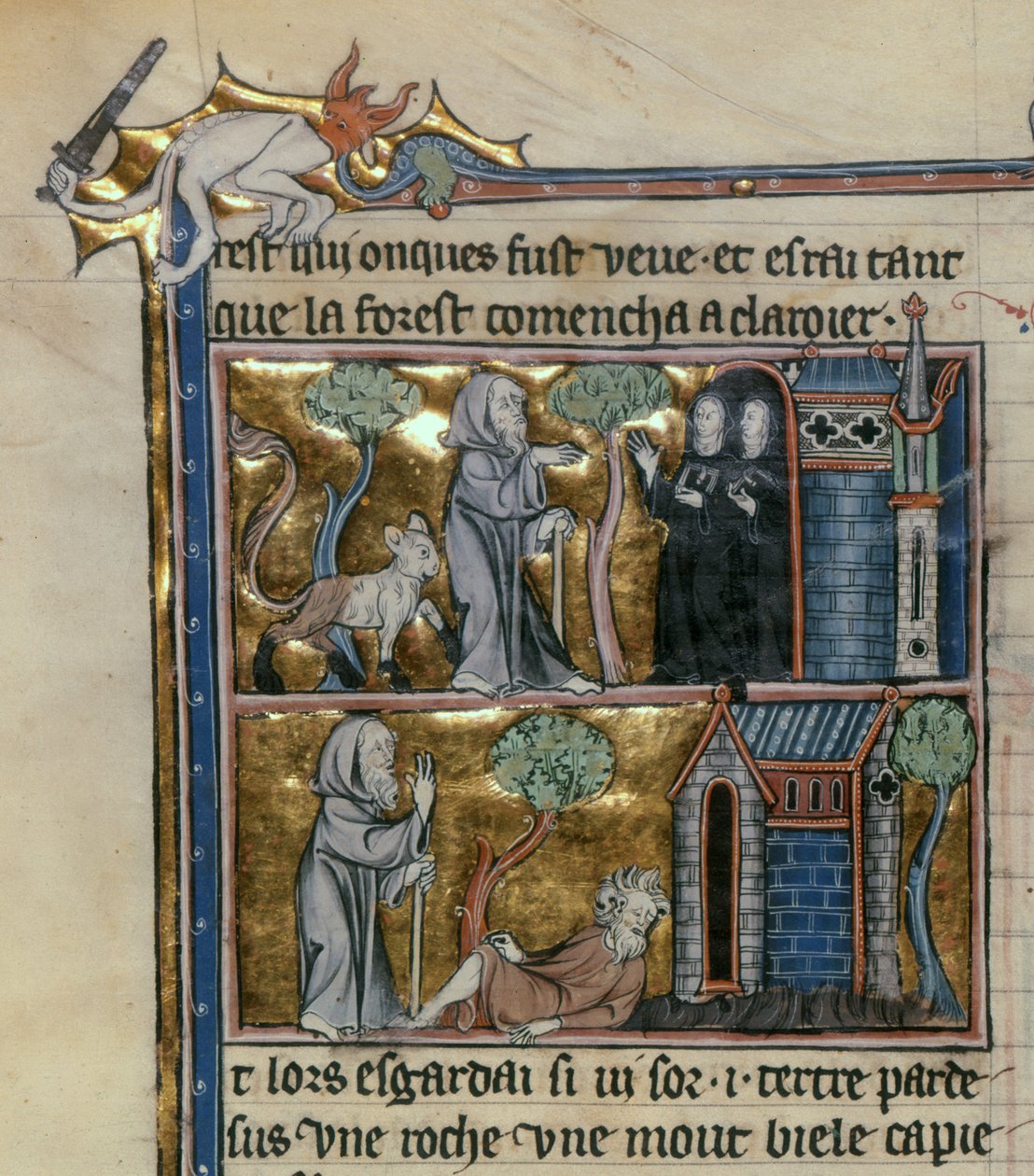 Ms Fr 95 f.4v Hermit and beast、lHistoire du Saint Graal、c.1280-90 作： フランス語学校