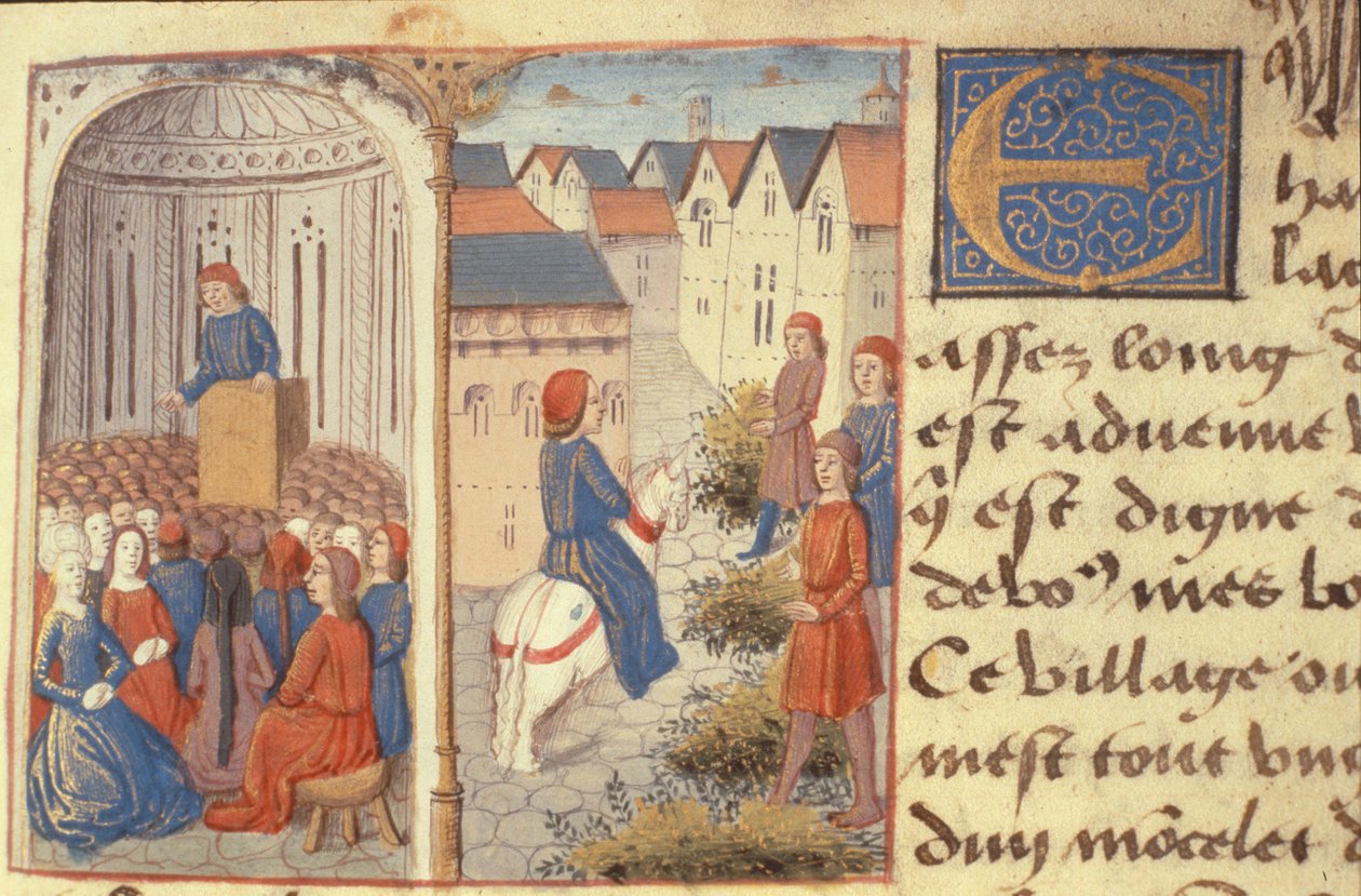 Ms Hunter 252 f.183r Les Cent Nouvelles Nouvelles、1462による講義と路上での大騒ぎ 作： フランス語学校