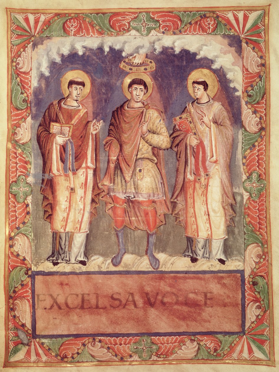 Ms Lat 1141 fol.2vシャルル2世の戴冠式（823-877）とランスとトレフの大司教、サクレメンテアドゥメス（159999も参照） 作： フランス語学校
