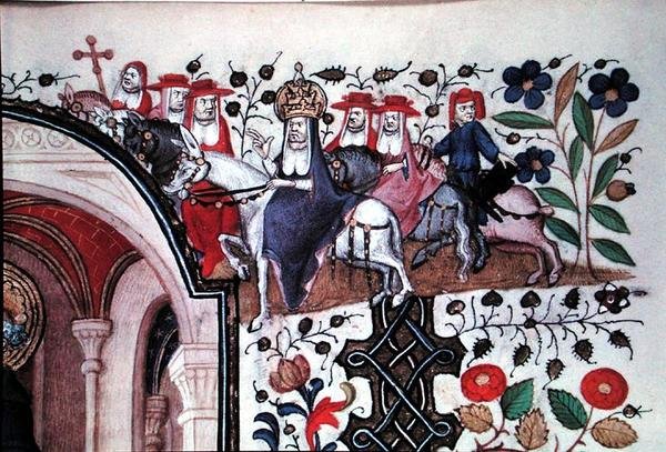 Ms Lat 1156b Fol.167 1426年頃のマルグリット・ドルレアンの「時間」に描かれた聖ペテロの絵から、ラバに乗った教皇とその側近の詳細（ヴェラム製）。 作： フランス語学校