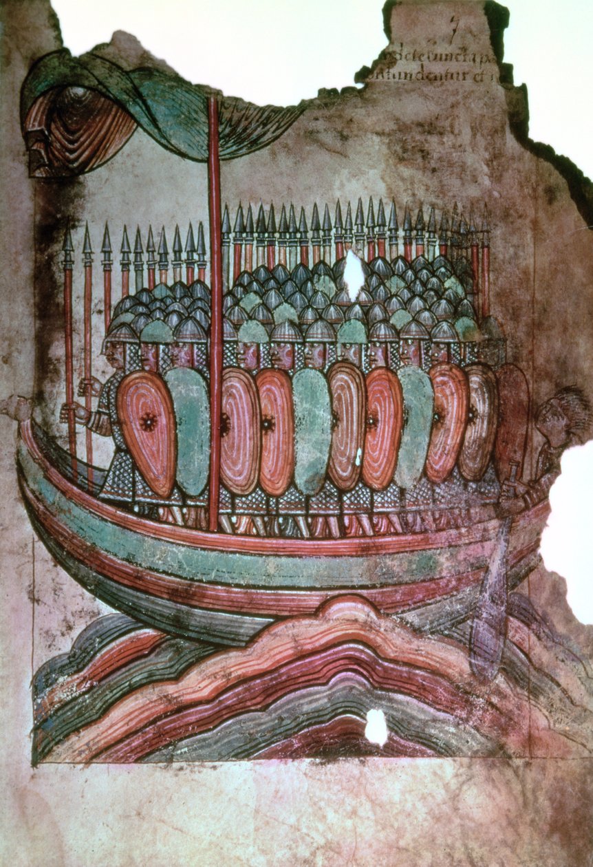 Ms Lat 1390 fol.7ノーマンの兵士がイギリス海峡を横断し、La Vie de Saint Aubin dAngersから 作： フランス語学校