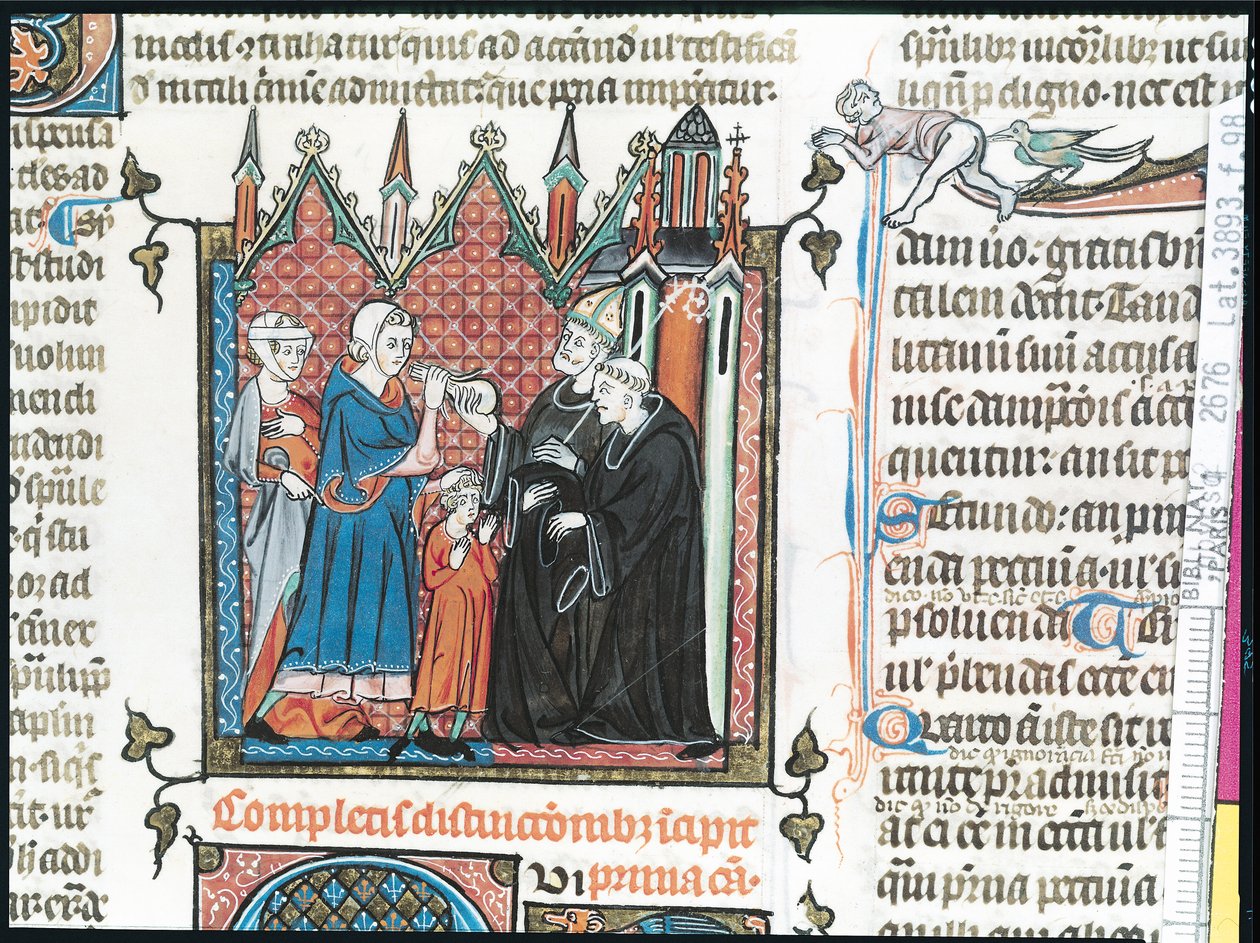Ms Lat 3893 Fol.98両親が息子を修道院に連れて行くために司教のお金を提供している、1314 作： フランス語学校