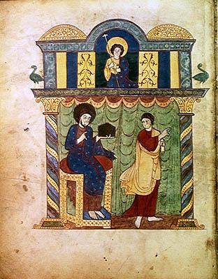 Ms Lat 8878 fol.1v 聖マタイに福音書を渡すイエス。アストゥリアスの僧侶、リーバナのベアトゥス（776年頃）による『黙示録』の解説書より。 作： フランス語学校