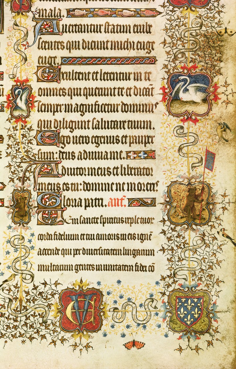 Ms.Lat 919 fol.96 「聖ペテロ」の紋章と動物の装飾の詳細 ジャン・ド・フランス（1340-1416）ベリー公爵を楽園に導く 「ベリー公爵大紀行」より 作： フランス語学校