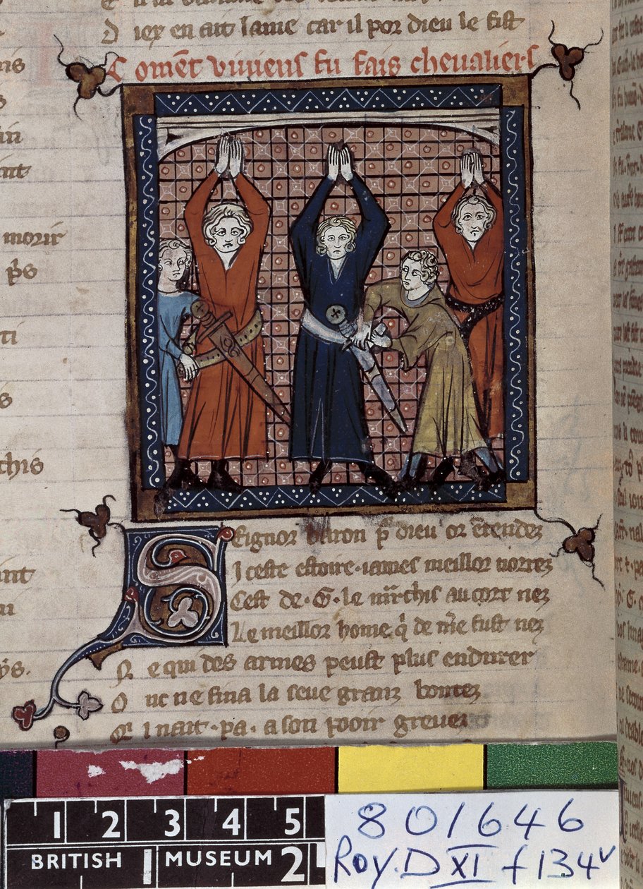 Ms Roy 20 D XI fol.134v 「ギヨーム・ドランジュのシャンソン」より ヴィヴィアンとその他の人々の誓い (ベラム) 作： フランス語学校