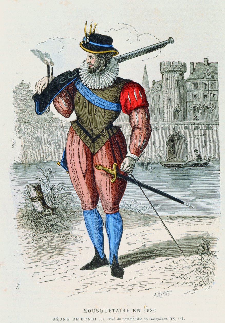 1586年のマスケット銃兵、H。グルドンデジェヌイヤックによる数世紀にわたるコスチュームドパリのイラスト、A。レナールの彫刻（カラー彫刻） 作： フランス語学校