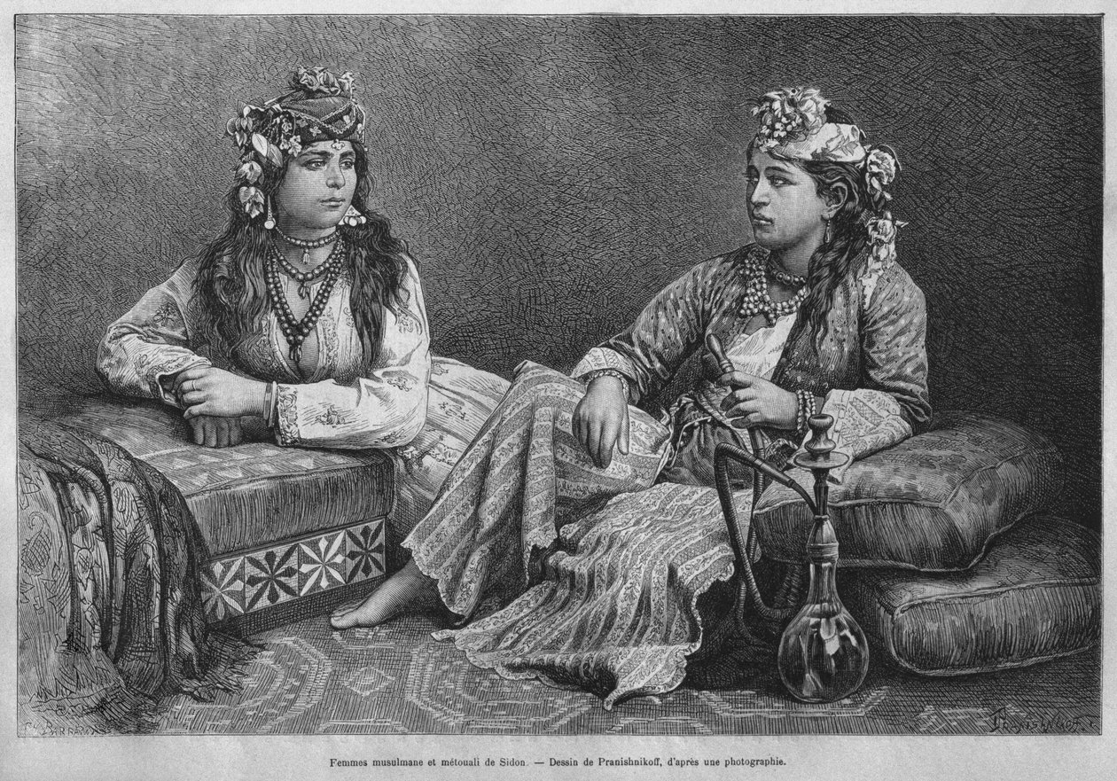 今日のシリア出身のシドンのイスラム教徒の女性。フェニシア、レバノン、ジューディーへの旅。 1884年、ルイシャルルエミールロルテの1875-1880（bw彫刻） 作： フランス語学校