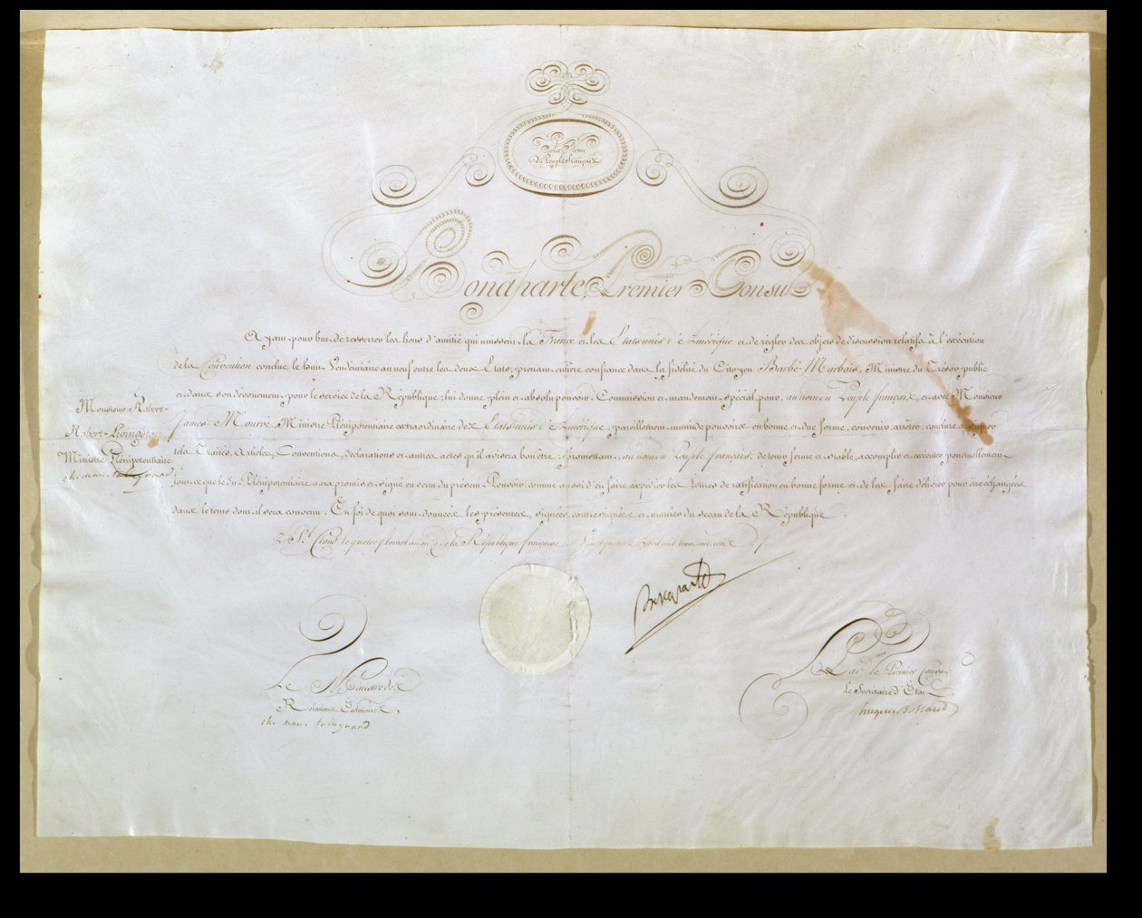 ナポレオンボナパルテス（1769-1821）、1803年4月30日、アメリカ合衆国によるルイジアナの購入の許可（ベラムにインク） 作： フランス語学校