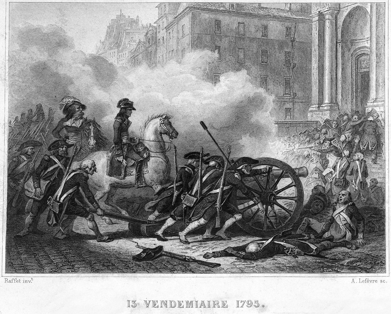 王党派の反乱を鎮圧するナポレオン - 13 Vendemiaire（10月5日）の街頭戦で革命軍を指揮するナポレオン・ボナパルト（馬上） - 13 Vendemiaire 1795（1795年10月5日の王党派の反乱）の街頭戦。ボナパルトは、シューによる命令を再開した。 作： フランス語学校