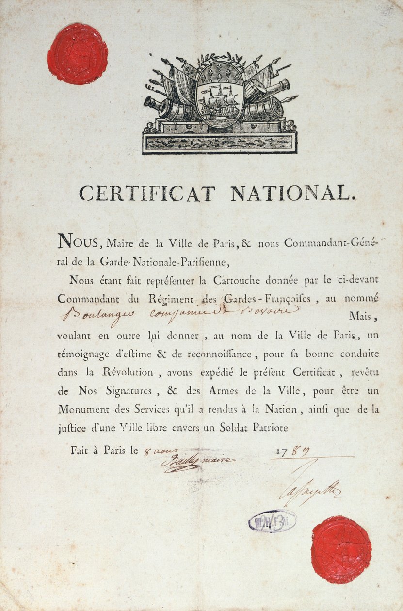 1789年8月8日、パリでフランス革命中の国家善行証明書 作： フランス語学校