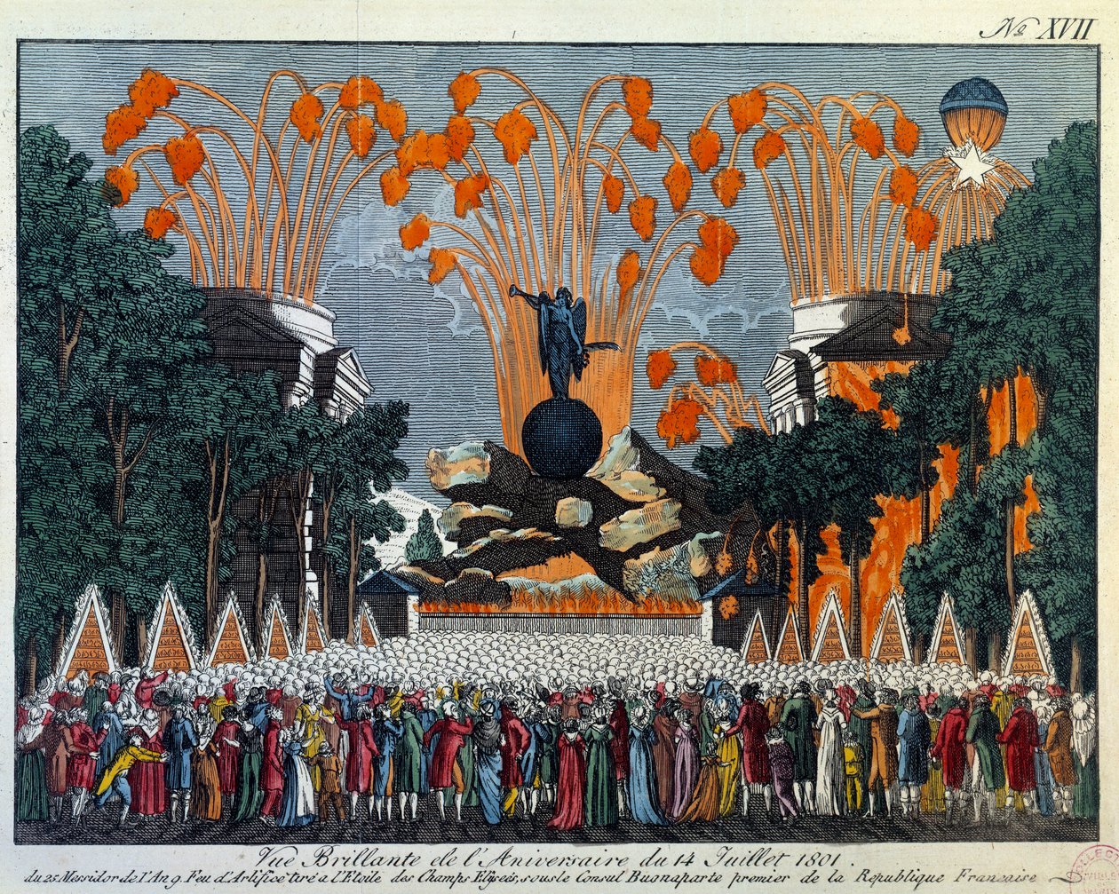 1801年7月14日、パリのシャンゼリゼ通りで行われた国民的祭典：パリのシャンゼリゼ通りで星の花火が打ち上げられる。1801年パリのカルナヴァレ美術館の版画 作： フランス語学校
