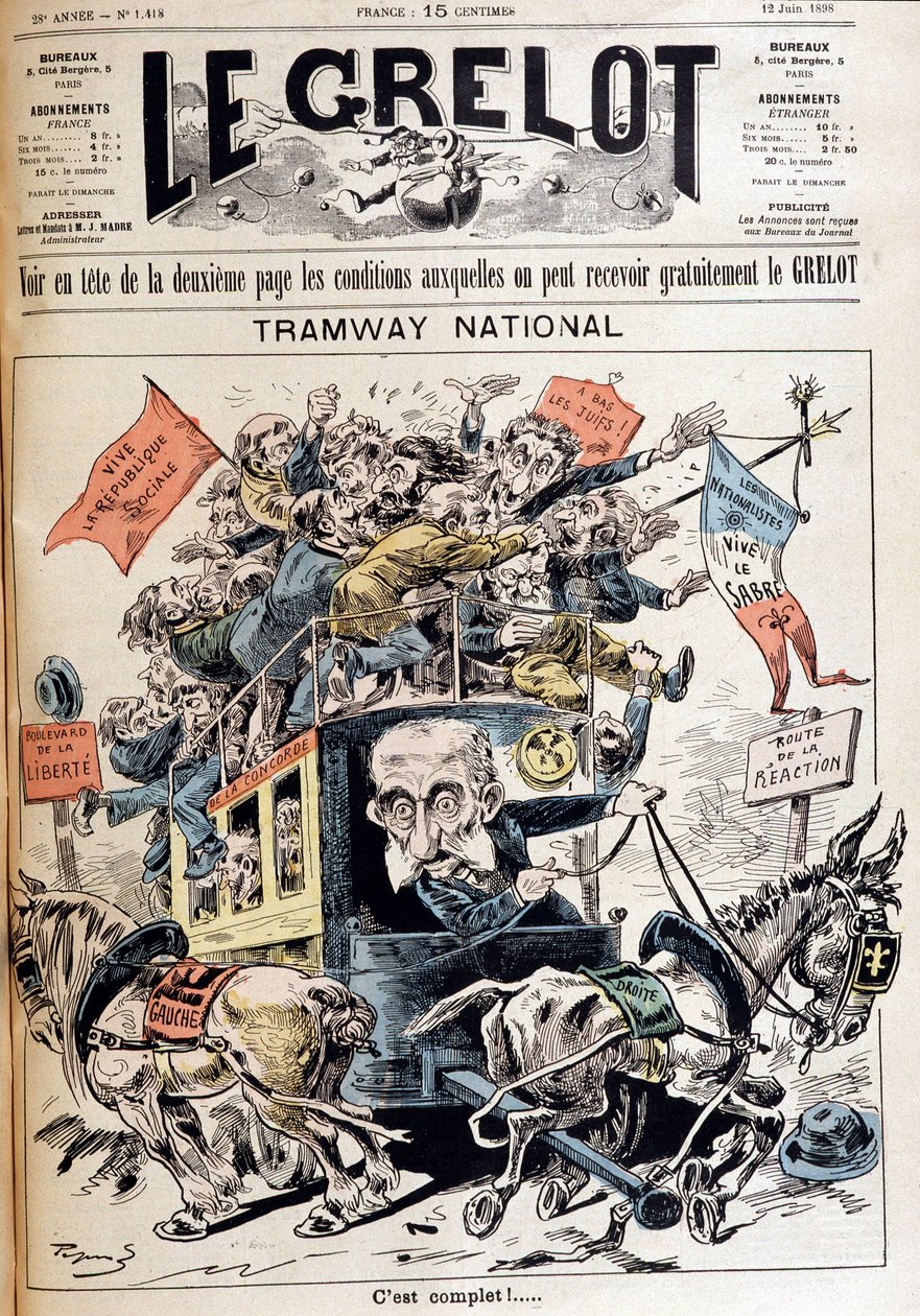 ナショナル・トラム左翼と右翼の間で捨てられたフランス、メリン政権についての風刺画-1898年6月12日付「Le Grelot」にて 作： フランス語学校