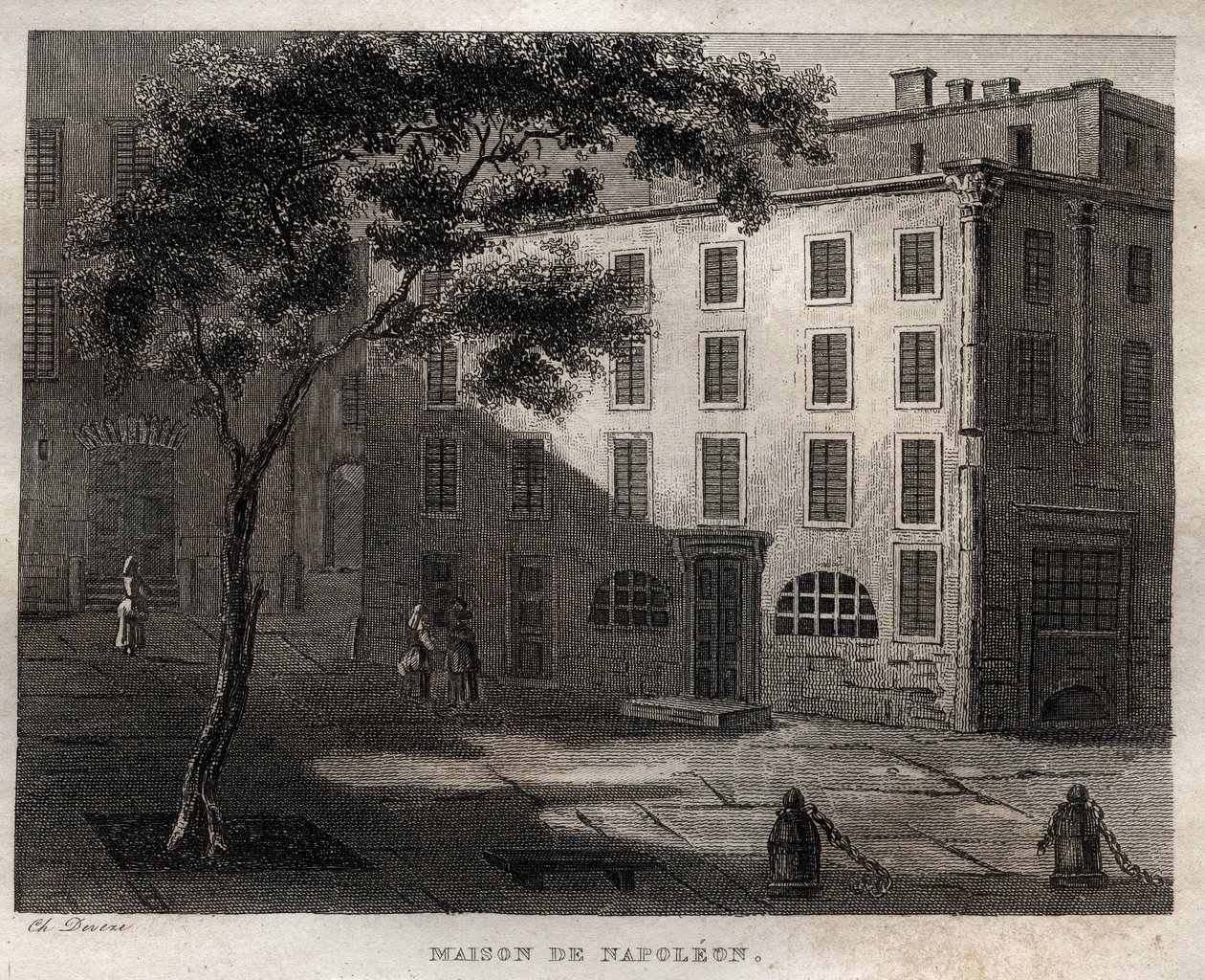 アジャクシオ（コルシカ島）のナポレオン・ボナパルトの生家 - Birthplace of Napoleon Bonaparte a Ajaccio en Corsica - M. de Norvins, Ch. Nodier 1834-1836による "Picturesque Italy" - History and Descriptive Painting of Italyからのエングレーヴィング。 作： フランス語学校