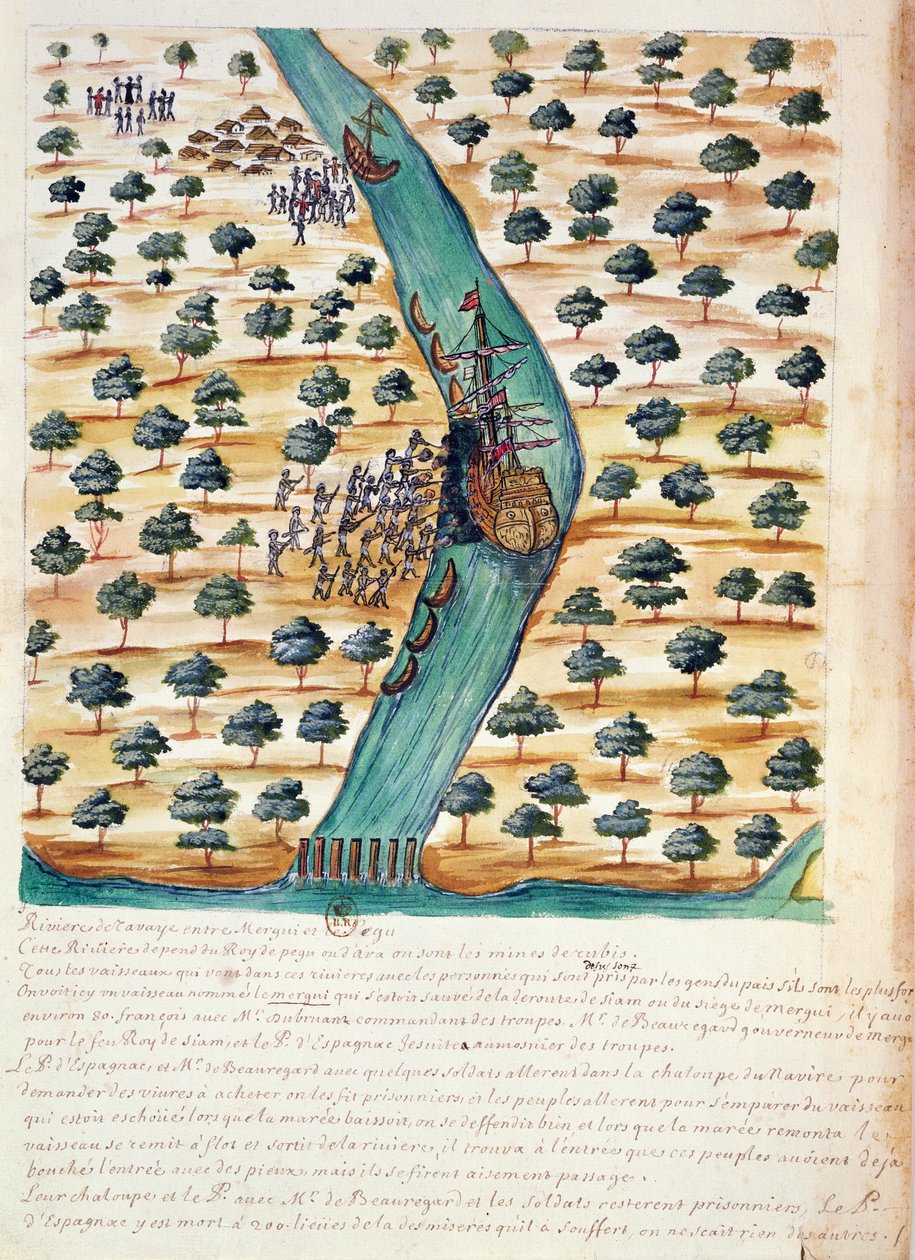 1688年、サイアムのイエズス会の記録による、タボイ川でフランスの船を攻撃する先住民 作： フランス語学校