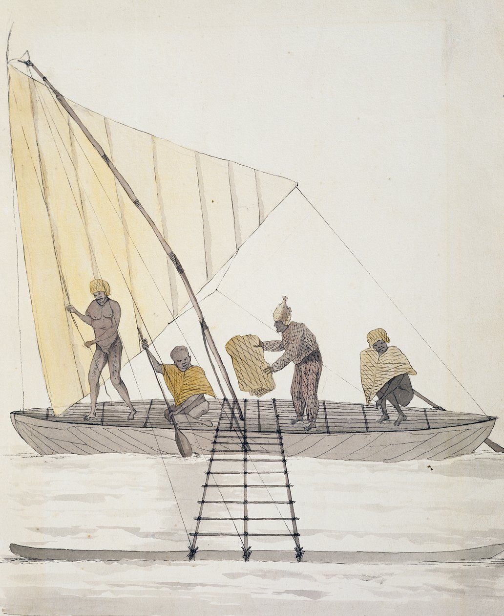 イル・バッセの原住民とバランスのとれた帆掛けカヌー（水彩画：Jules-Louis Lejeune、『Duperrey