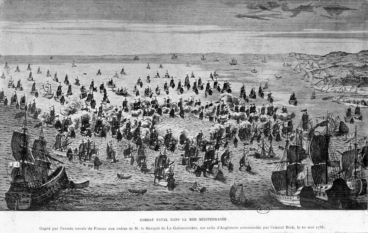 地中海での海戦で、ガリソンニエール侯爵の命を受けたフランス海軍が、ビンク提督の指揮するイギリス海軍に勝利した（5月20日）。 作： フランス語学校