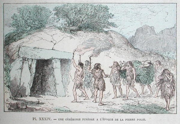 新石器時代の葬送儀礼、レンゲード博士の「Les Origines de la Vie」からの挿絵、1880年頃（彩色済み彫刻）。 作： フランス語学校