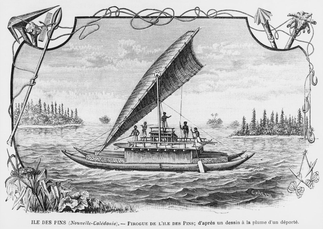 ニューカレドニア、パインズ島のピローグ、追放者のペンとインクで描いた後、速報Les Missions Catholiques、1893年のイラスト 作： フランス語学校