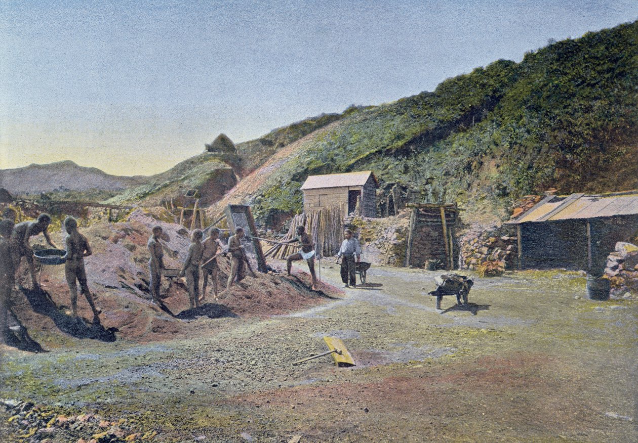 ニューカレドニアの東海岸にあるニッケル鉱山。1900年頃にジローによって彫刻されました。 作： フランス語学校