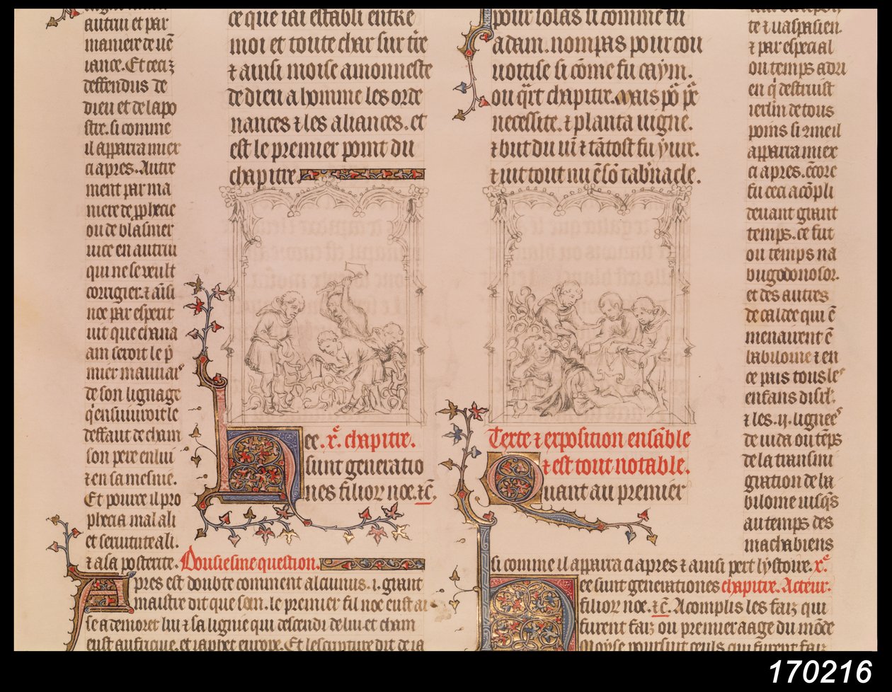 ブドウ畑のノアとノアの酔い、ジャン・シの聖書、1355年頃 作： フランス語学校