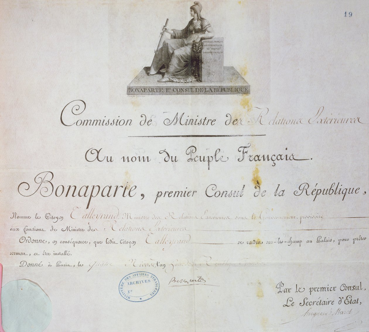 Charles Maurice de Talleyrand-Perigord（1754-1838）を外相に指名、c.1797 作： フランス語学校