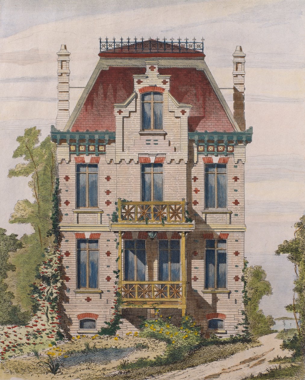 Villers sur mer、ノルマンディーのノルマン邸、1883年のルモニテュールデアーキテクツの図（カラー彫刻） 作： フランス語学校