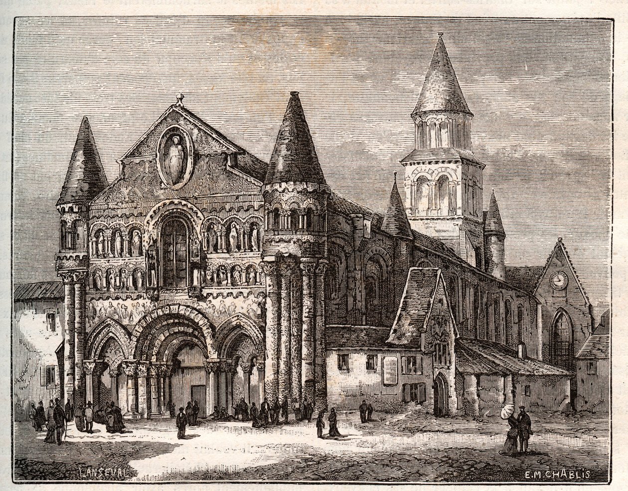 ポワチエのノートルダム寺院-V.A.マルト・ブラウンの「La France illustree: geographie, histoire, administration statistique」に掲載されている彫刻。1884 作： フランス語学校