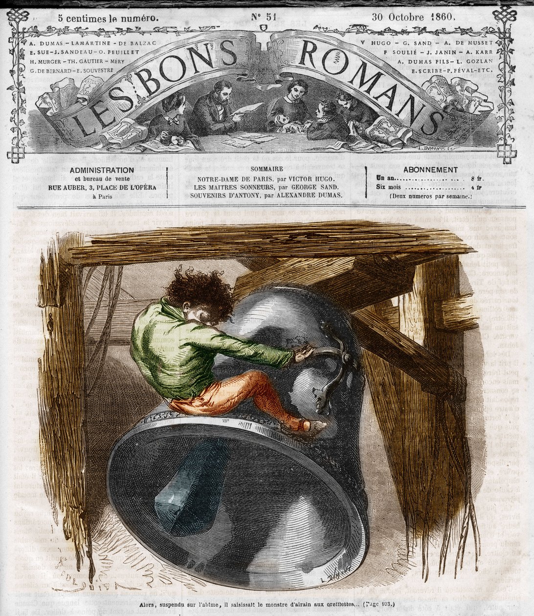 小説シリーズ。ヴィクトル・ユーゴー（1802-1885）の「ノートルダム・ド・パリ」。鐘楼の上のクアシモド。"Les bons romances "に掲載されたエングレーヴィング 作： フランス語学校