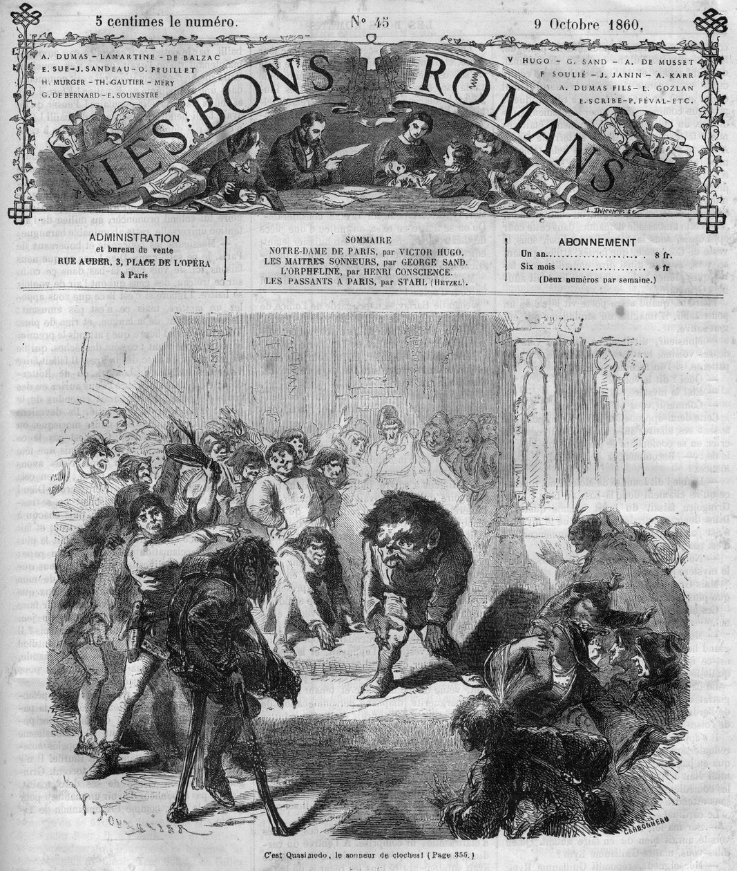 小説シリーズ。"ヴィクトル・ユーゴー（1802-1885）の「ノートルダム・ド・パリ」。鐘を鳴らすクアシモドの前で怯える群衆と笑う群衆。"Les bons romances "に掲載されたエングレーヴィング 作： フランス語学校