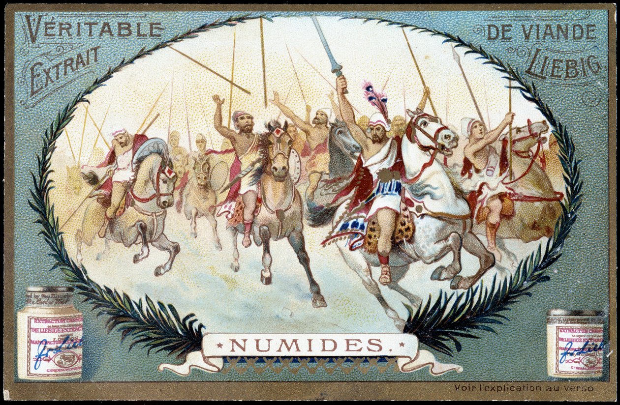 AntiquitでNumidie。ヌミドの馬術ゲーム。リービッヒ・クロモリトグラフィー 19世紀後半 作： フランス語学校